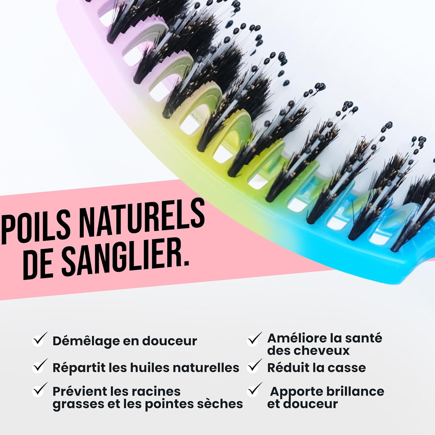 Brosse à cheveux - démêlante, poils sanglier/nylon, anti-casse, tous types, 21cm