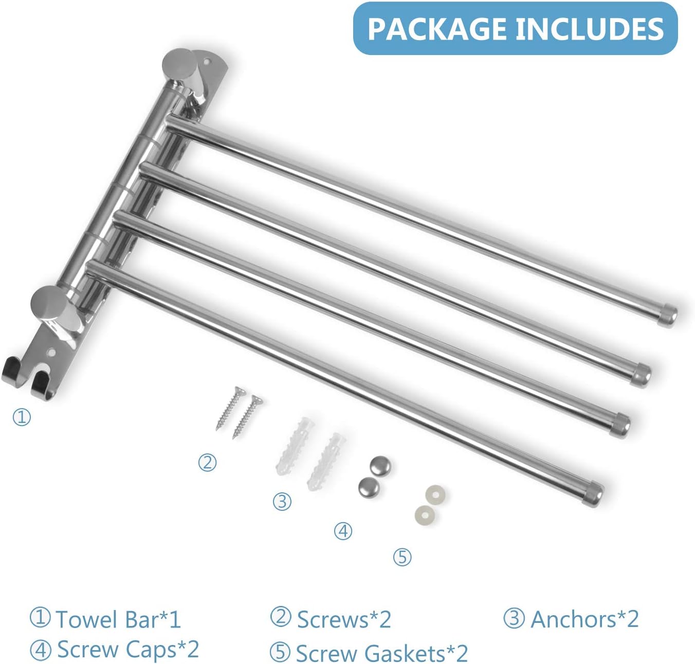 JSVER - porte-serviettes rotatif 4 barres inox 180° - montage mural salle de bain - SUS304