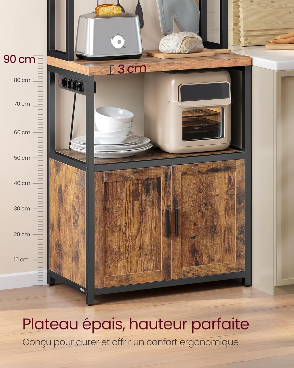VASAGLE - étagère cuisine série KKS - 40x60x170 cm - avec multiprise, 8 crochets, plan 90 cm, marron/noir KKS058K02