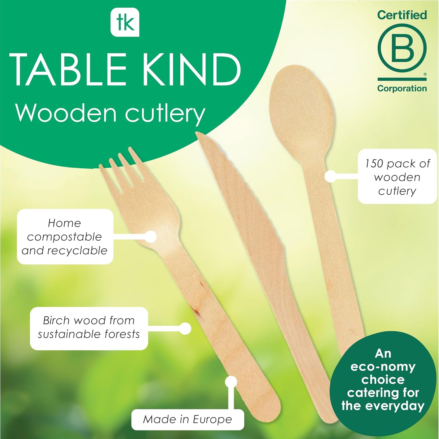 Talking Tables - Couverts bois fête/camping 16cm - 150 pièces