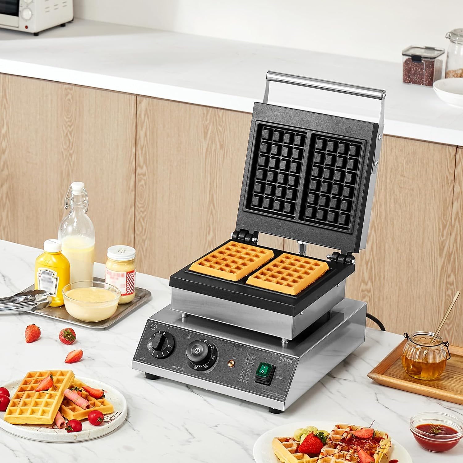 VEVOR - Gaufrier Commercial 2PCs - 2000W inox, antiadhésif, contrôle température et temps