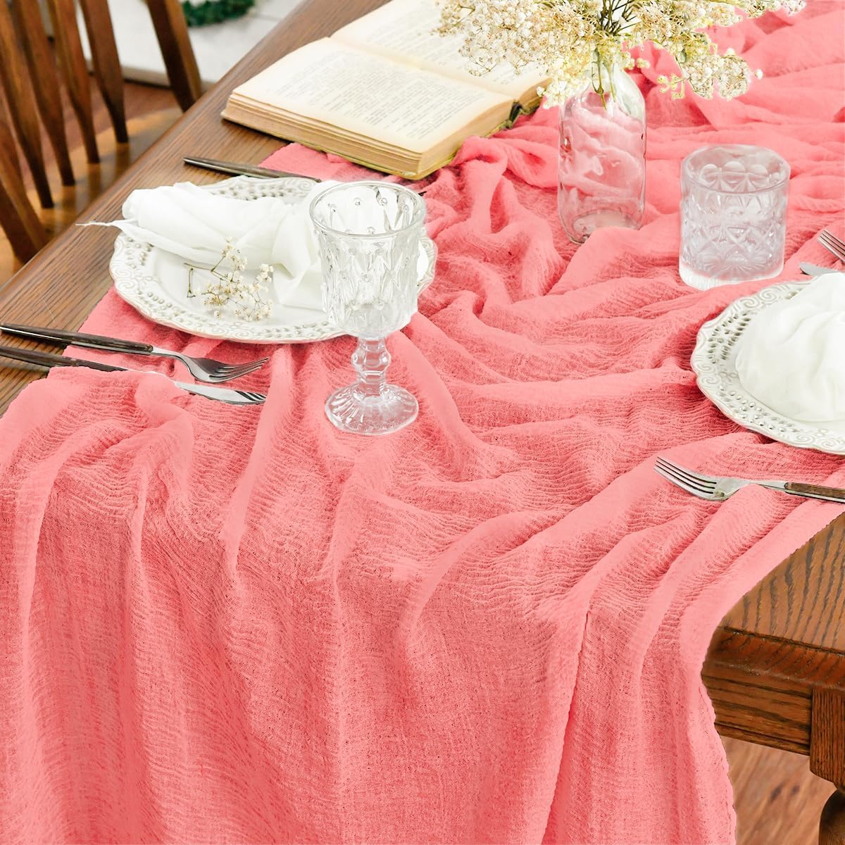 Artoid Mode - Chemin de table bohème corail - 300 cm - mousseline gaufrée, déco festive