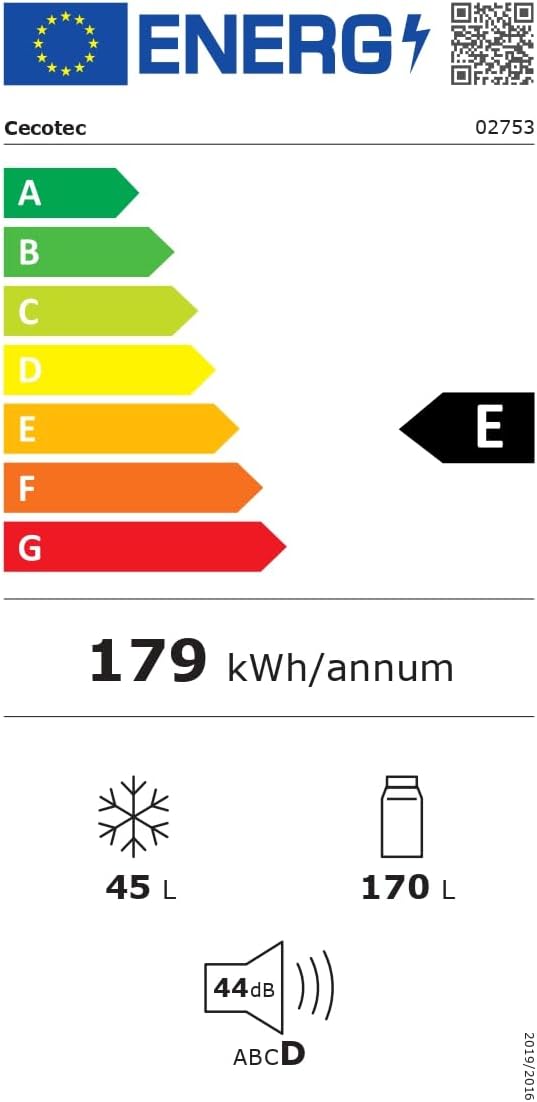 Cecotec - Bolero CoolMarket 2D Origin 215 - 215L, 148x55cm, LED, poignée chromée, étagères verre, noir