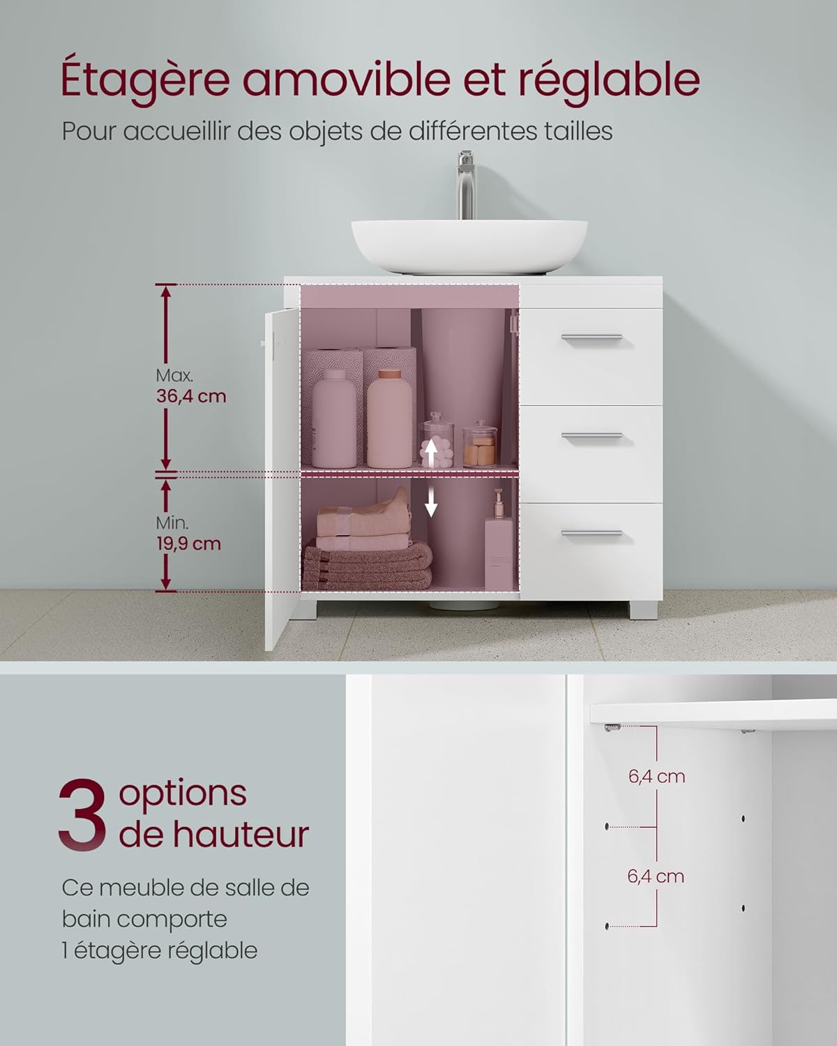VASAGLE - meuble sous lavabo série BBK514WB01 - 30x60x64 cm - 3 tiroirs, 2 compartiments, pieds, blanc