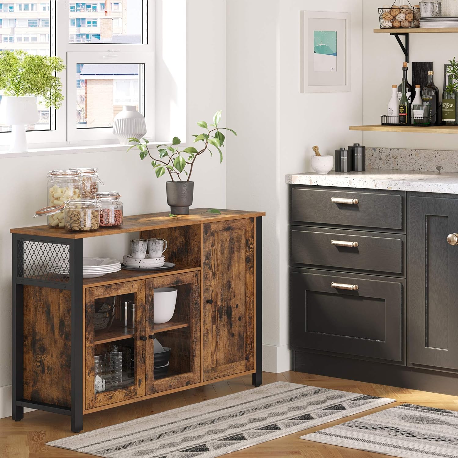 VASAGLE - Buffet de rangement rustique, 110x33x75 cm, 3 portes, LSC096B01