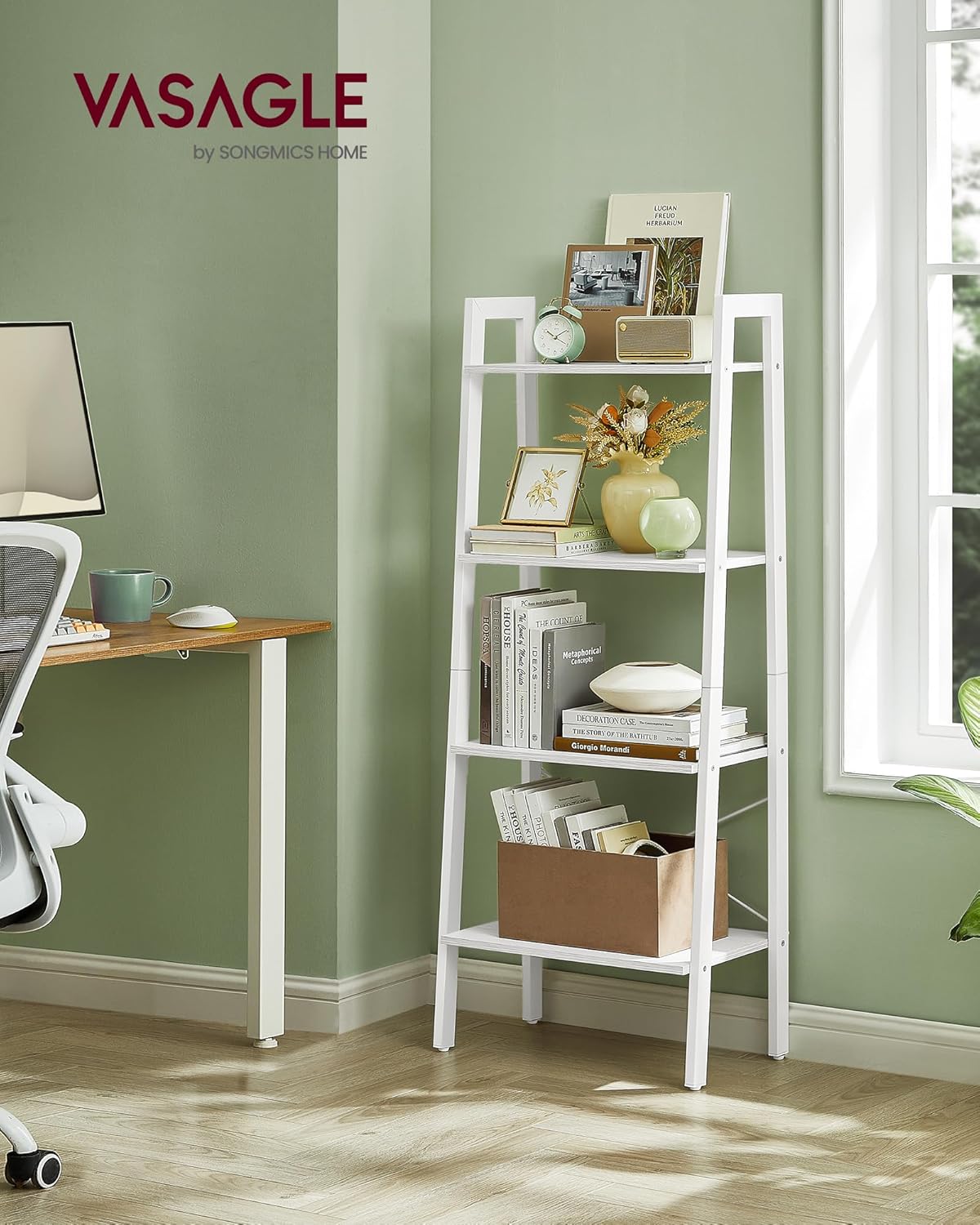 VASAGLE - étagère 4 niveaux rangement acier, blanc érable, LLS044W44
