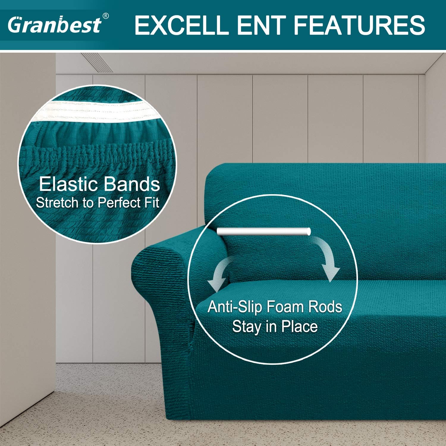 Granbest - Housse canapé Stretch Jacquard 1 place - imperméable, antidérapante, bleu sarcelle