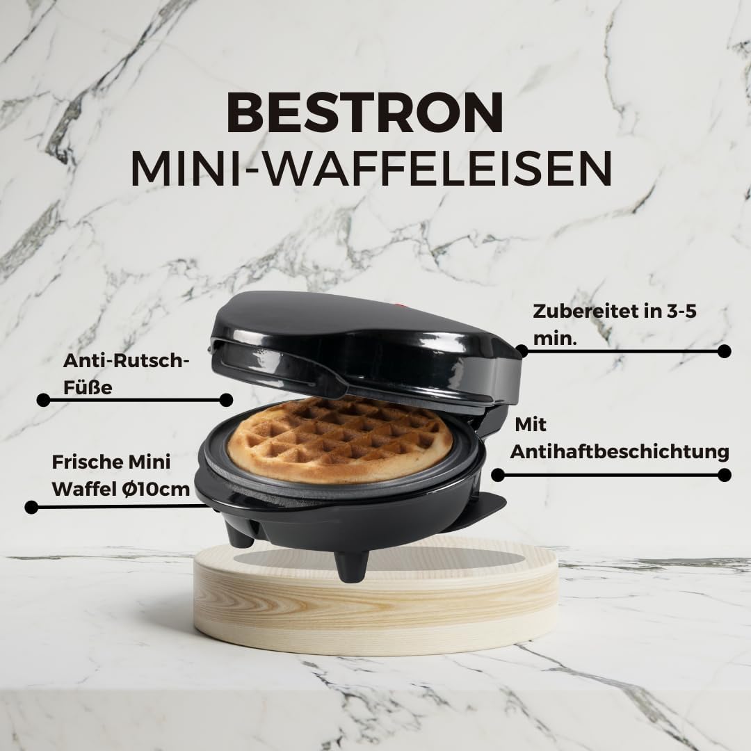 Bestron - Mini gaufrier rétro, noir, compact, antiadhésif, facile à nettoyer