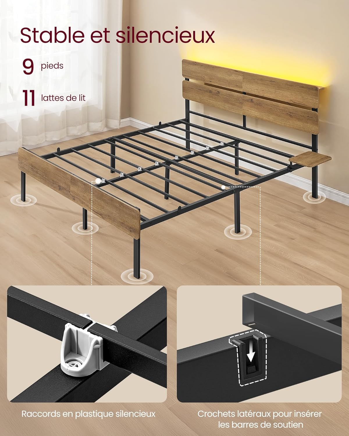 VASAGLE - Cadre de lit industriel - 140x190 cm - LED, USB/Type-C, rangement - RMB103K01
