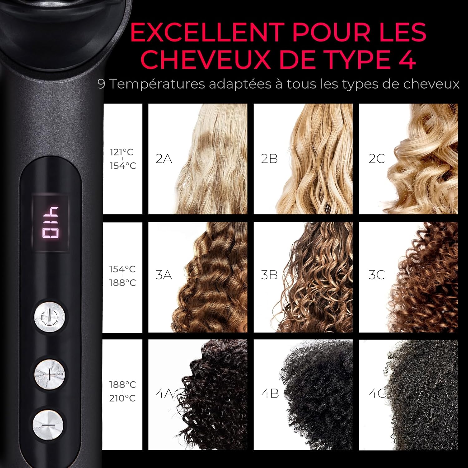 TYMO - Ring Plus - Brosse lissante, 9 températures, ions négatifs, LCD, 120-210°C