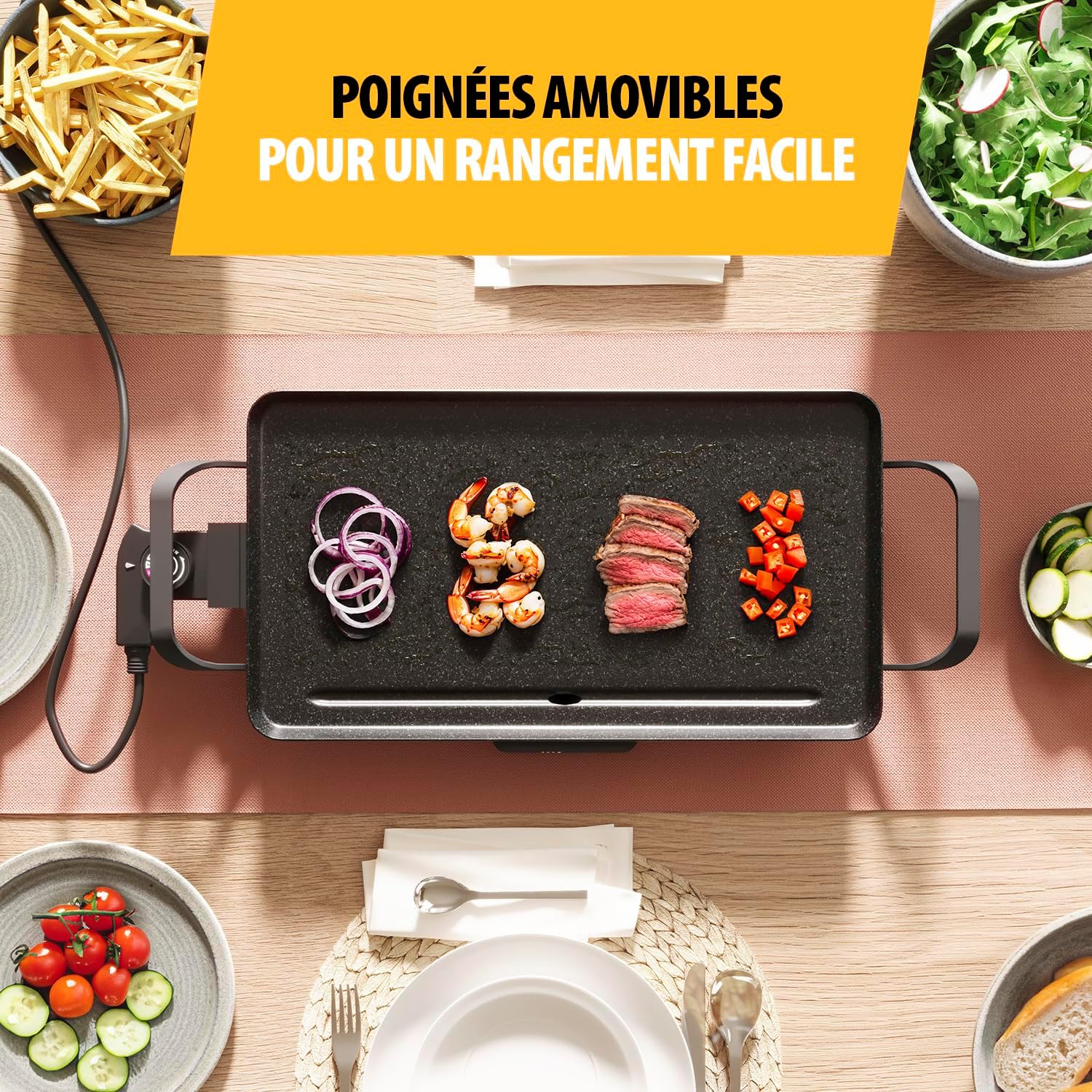 Tristar - Table Grill Slim M - 46x26 cm - Thermostat réglable, poignées amovibles, revêtement antiadhésif - BP-2667