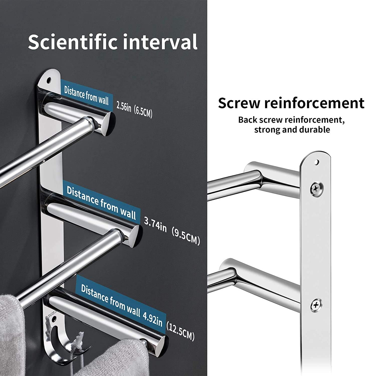 Porte-serviettes mural rétractable 3 niveaux, acier inox, argent, sans perçage