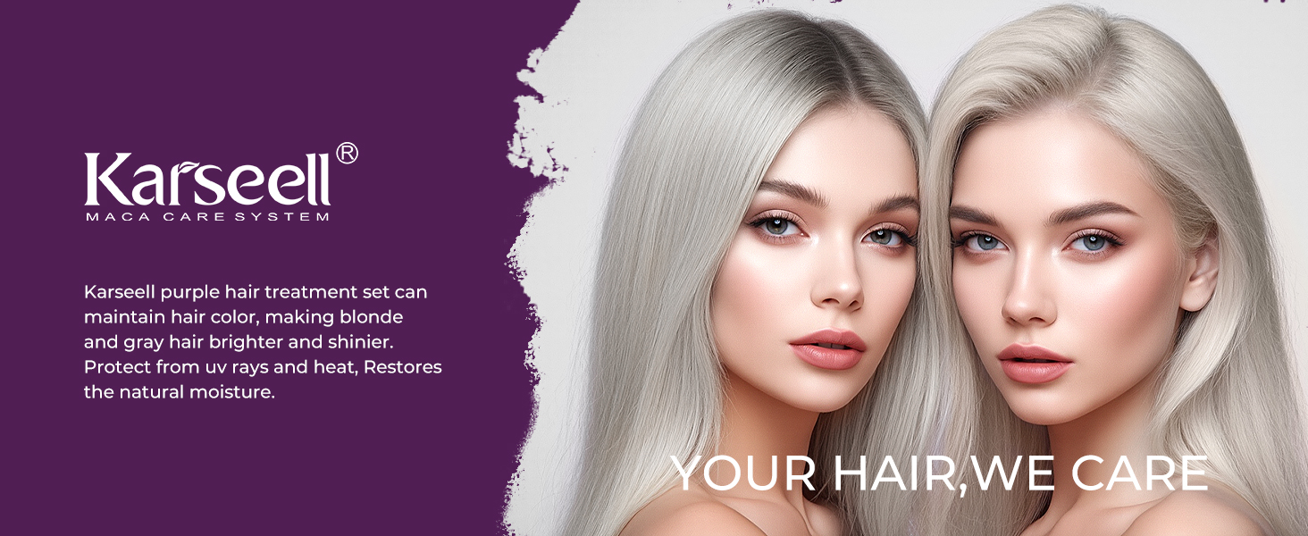 pour les produits de soins capillaires Karseell mettant en scène deux femmes aux cheveux blonds platine. Le texte met l'accent sur le soin des cheveux et la rétention d'humidité.