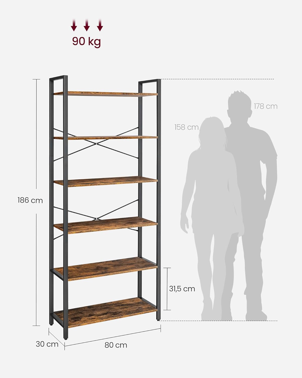 VASAGLE - étagère industrielle 6 niveaux 30x80x186cm, marron/noir, LLS082B01
