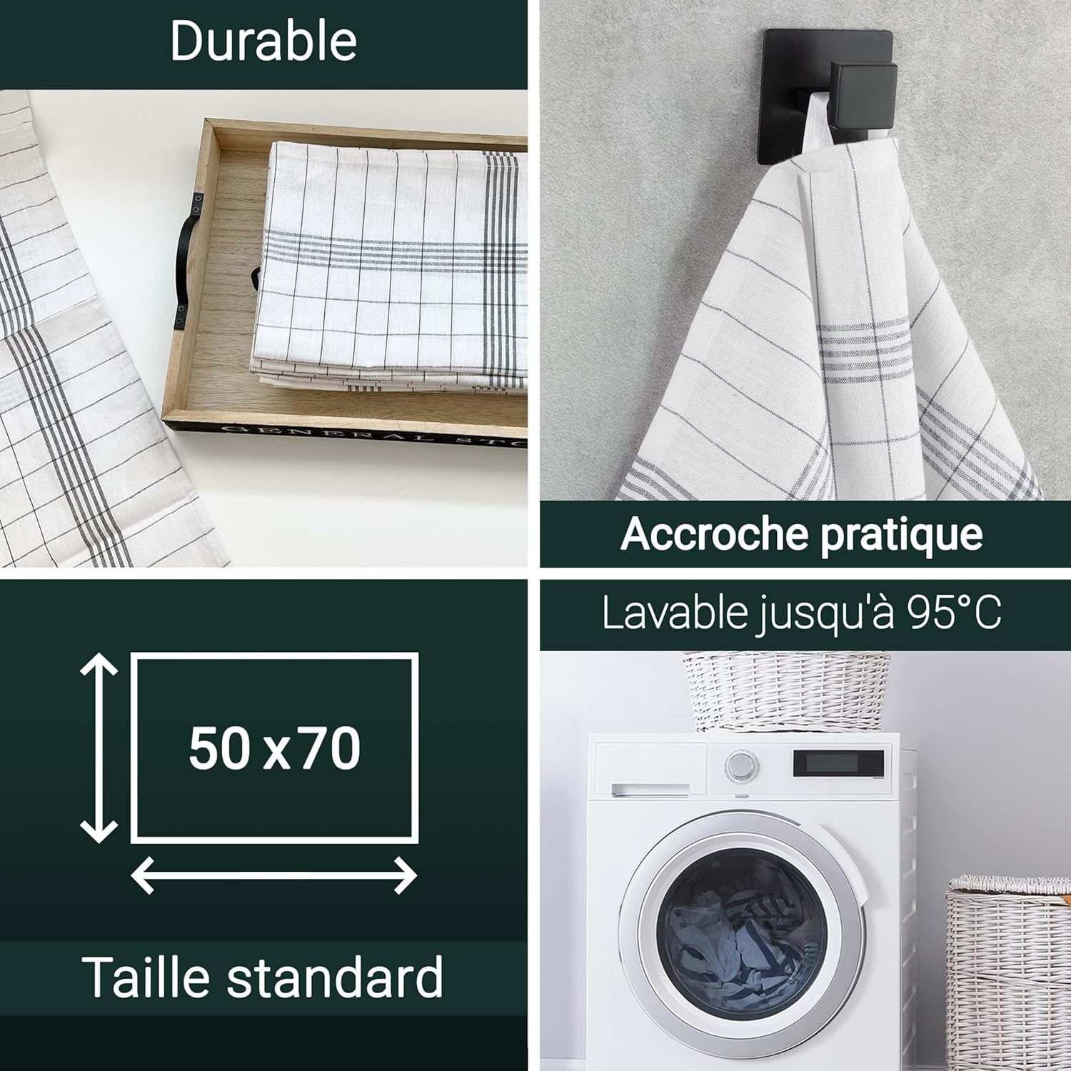 ZOLLNER - Set torchons cuisine - 50x70 cm - coton gris à carreaux