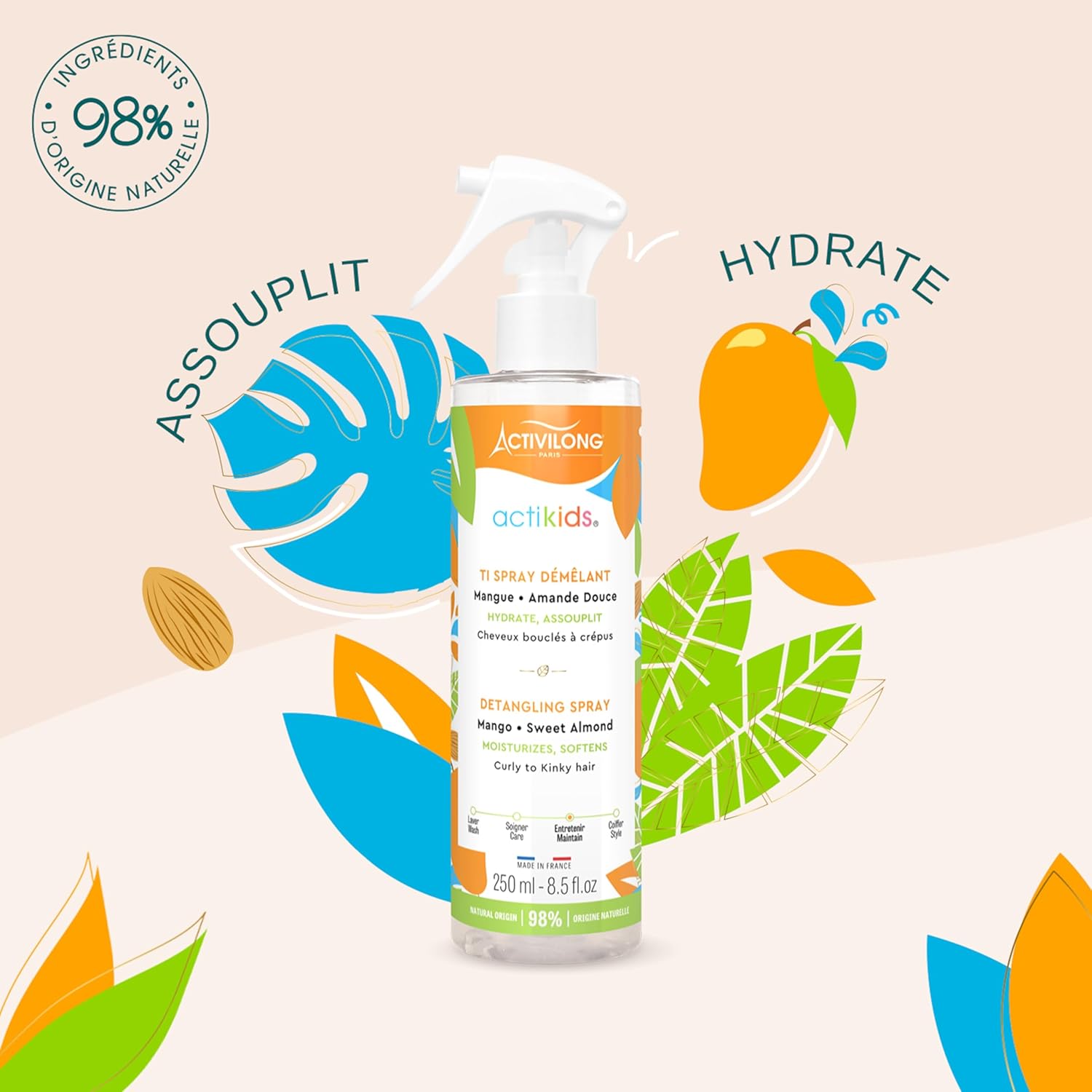 ACTIVILONG - Ti Spray Démêlant enfant 250ml - vegan, cheveux bouclés, 98% naturel