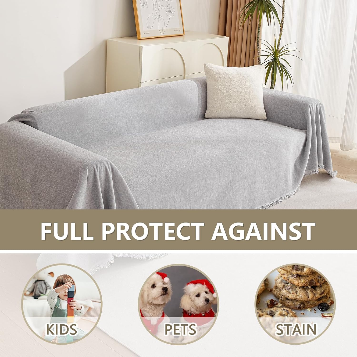 MYSKY HOME - housse canapé - 230x300 cm - anti-rayures, animaux, gris clair