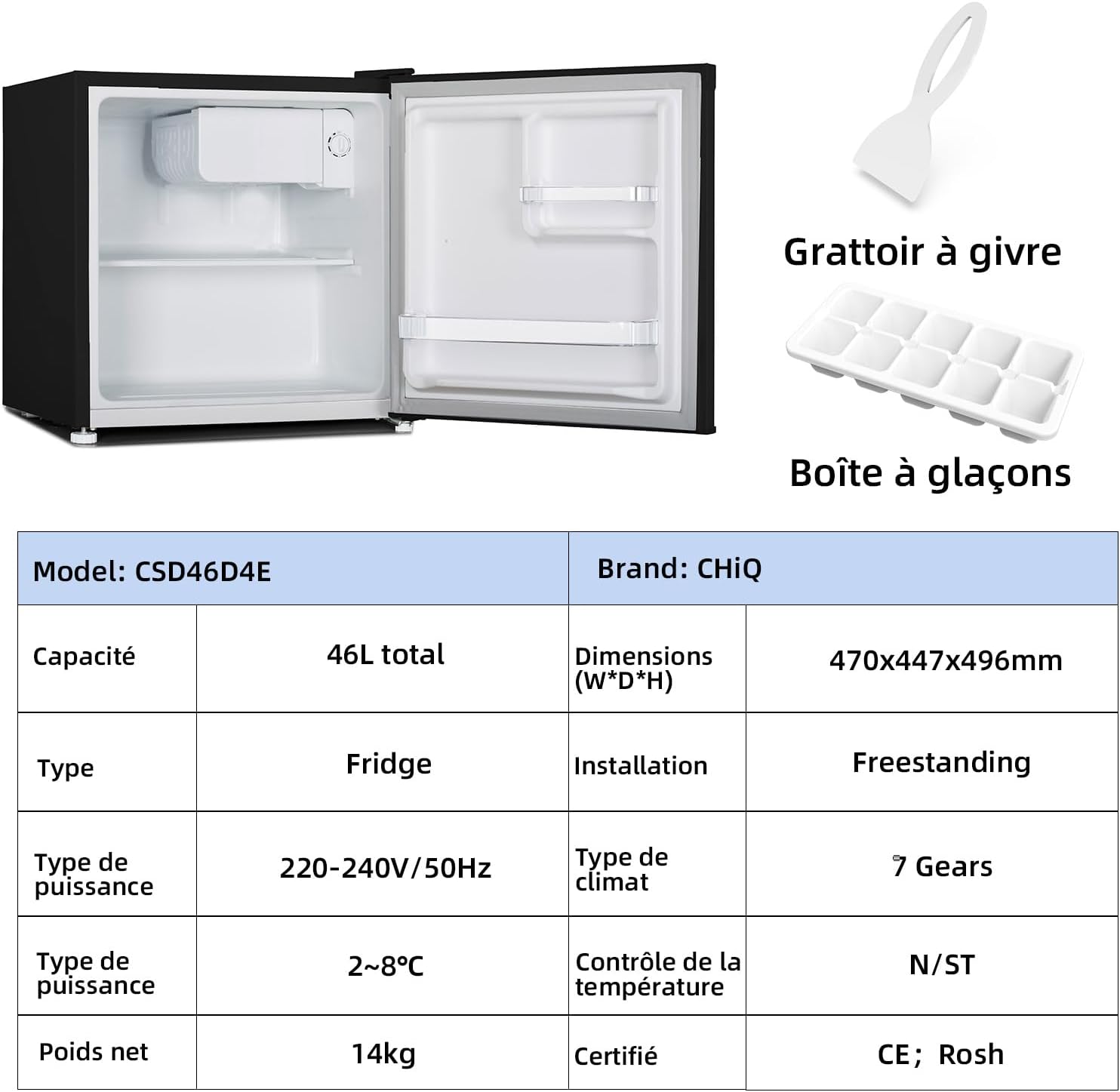 CHIQ - mini réfrigérateur compact 46L, silencieux, porte-bouteilles, thermostat réglable, 47x44,7 cm, CSD46D4E