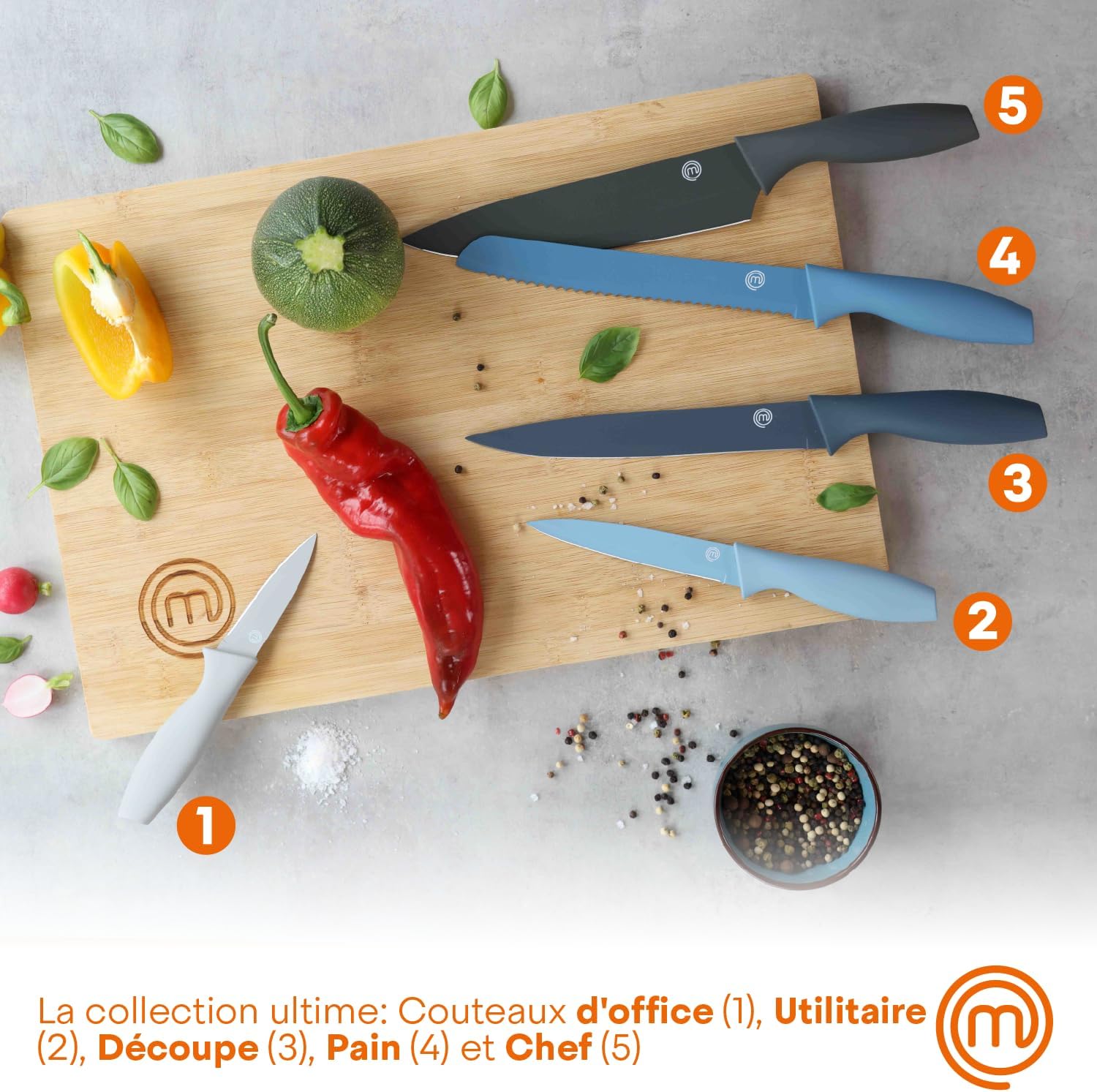 MasterChef - Collection Azure - 5 pièces - couteaux inox, poignées confort