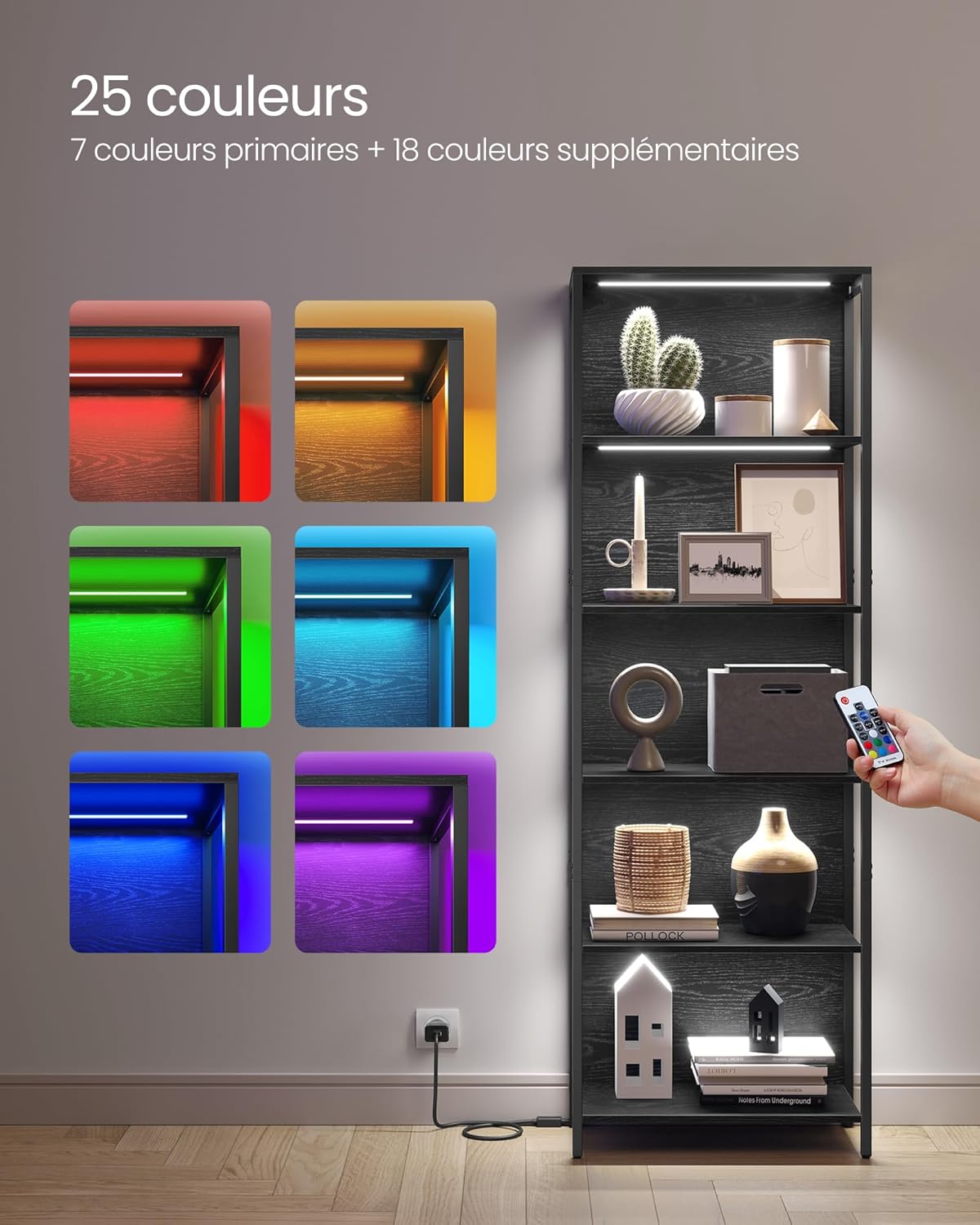 VASAGLE - bibliothèque 6 niveaux, LED, acier, 30,3x60x178,6 cm, LLS120B57