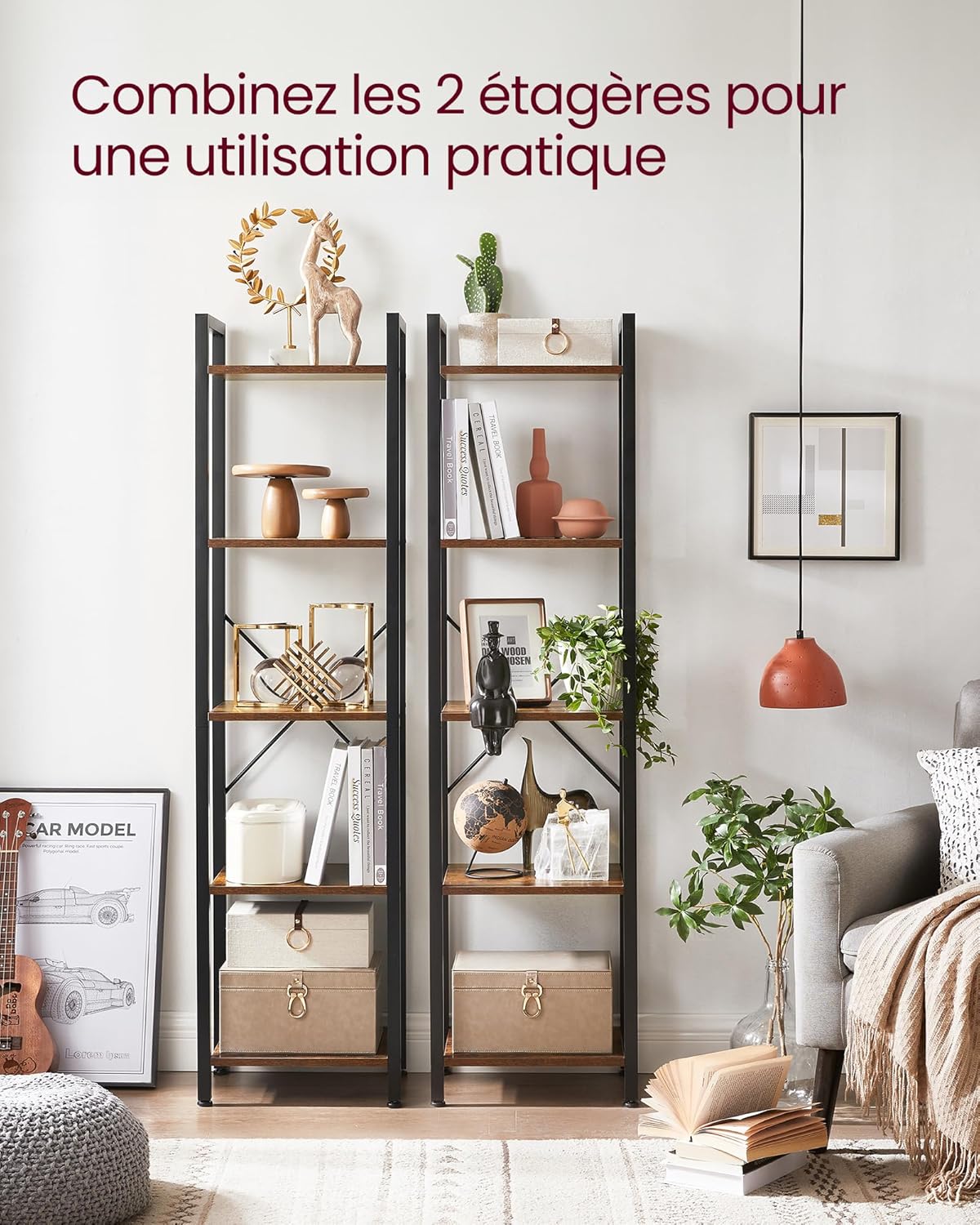 VASAGLE - étagère 5 niveaux - 30x39,6x154cm - acier/marron, style industriel, LLS100B01