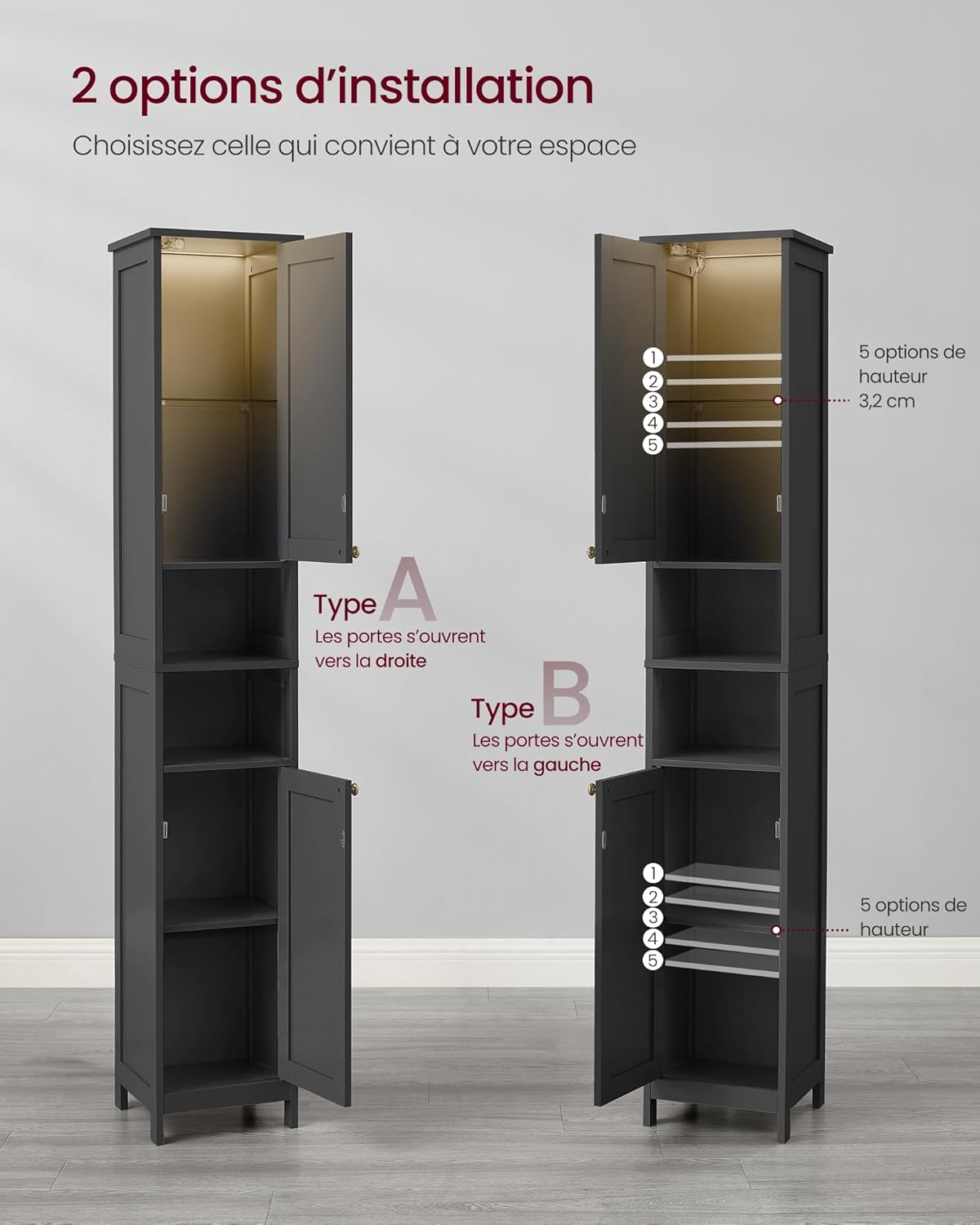 VASAGLE - armoire salle de bain haute, 30 cm, étagères réglables, éclairage, noire, BBK566BC01
