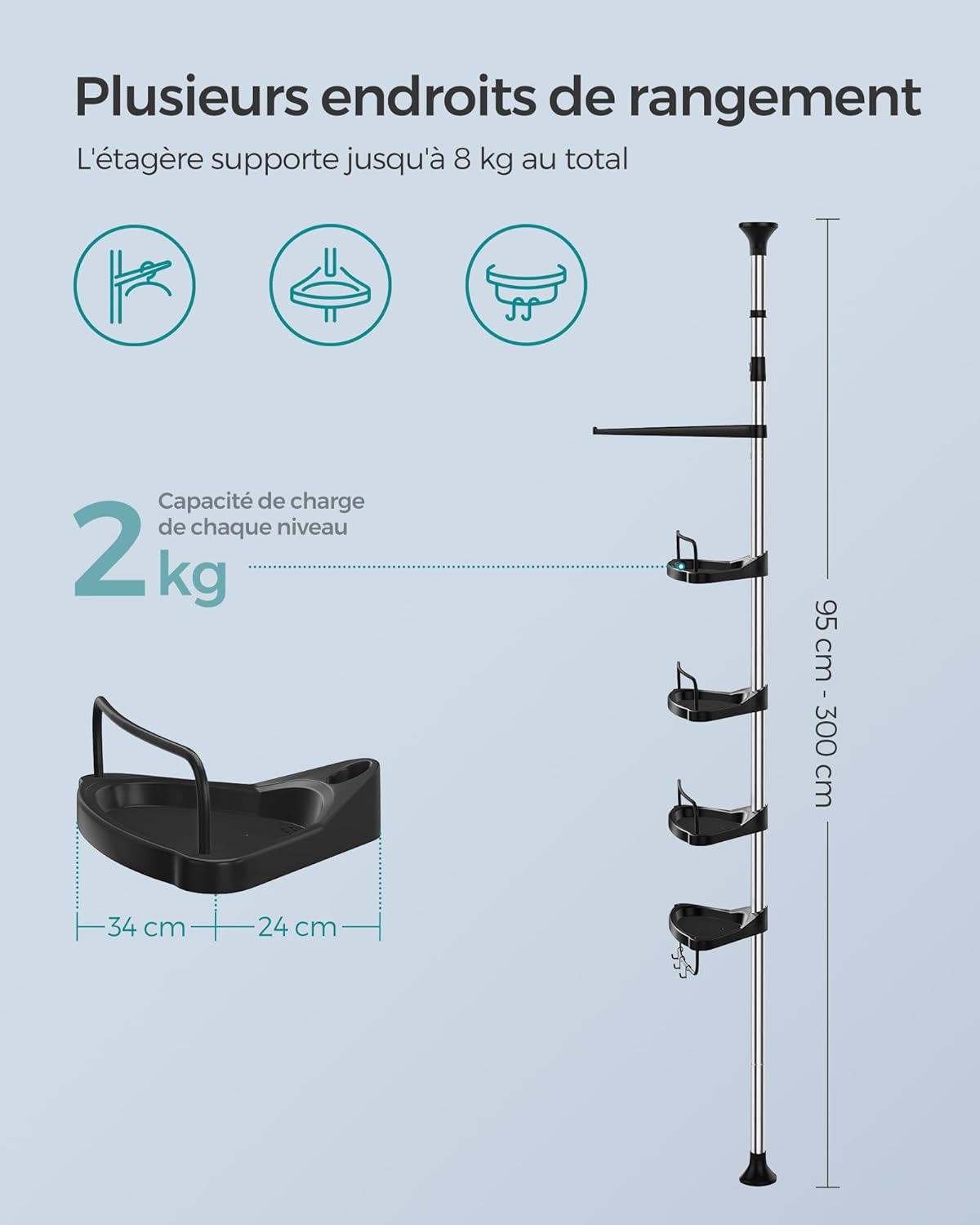SONGMICS - étagère réglable salle de bain - 95-300 cm - inox, 4 niveaux, crochets, porte-serviettes, BCB002B01