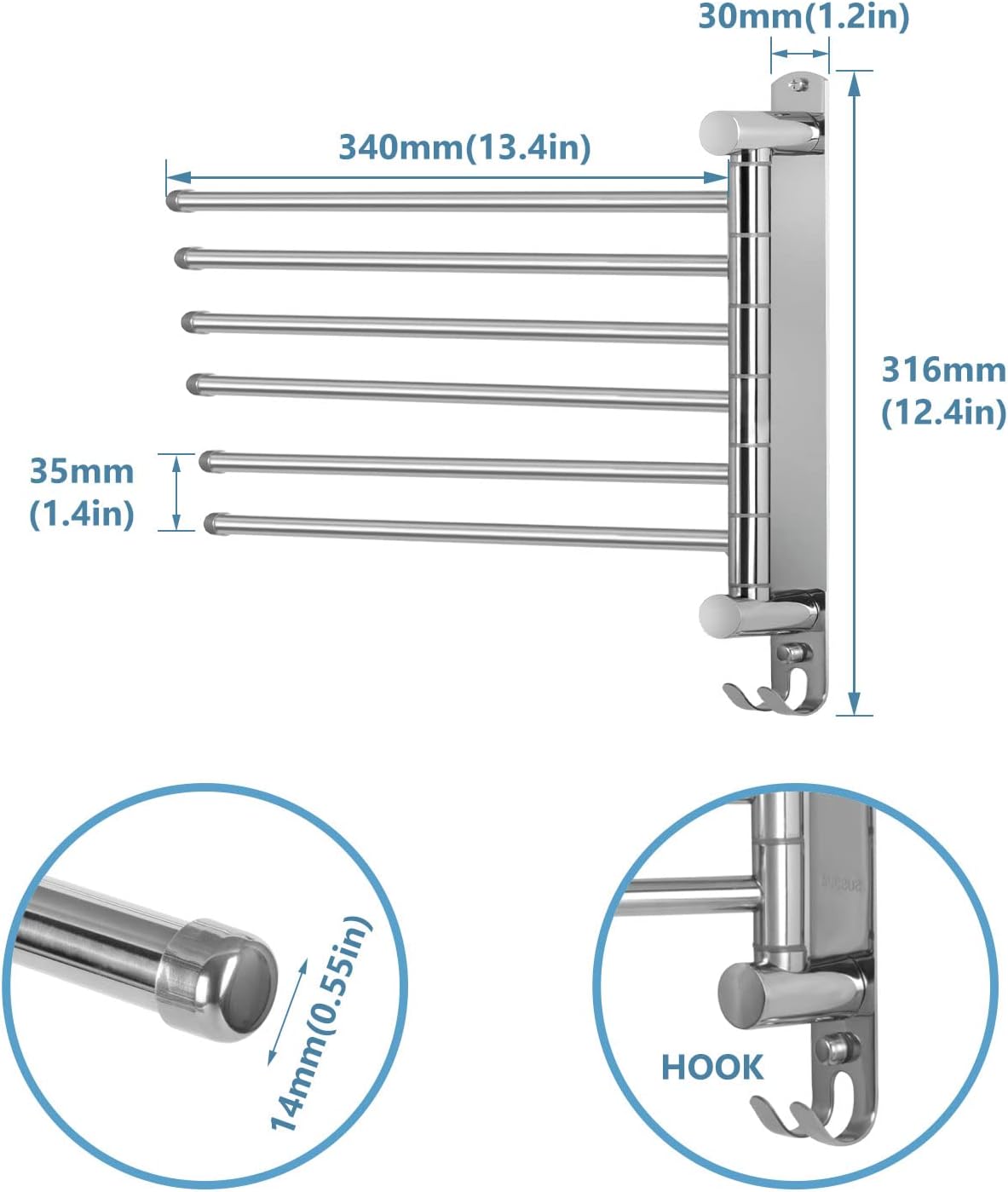 JSVER - porte-serviettes rotatif 6 barres inox 180° -  SUS304, mural