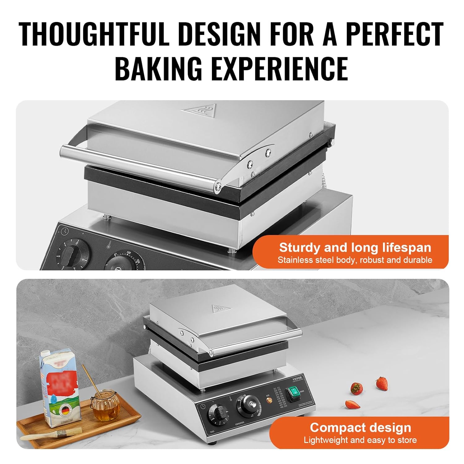 VEVOR - Gaufrier Commercial 2PCs - 2000W inox, antiadhésif, contrôle température et temps