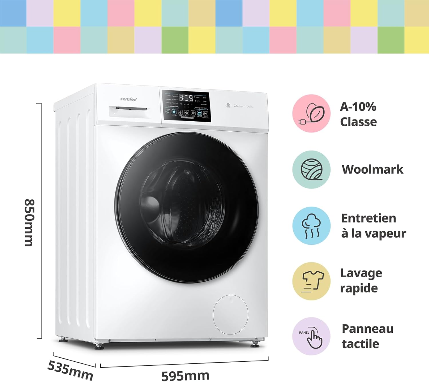 COMFEE' - lave-linge 10kg, classe A, vapeur, moteur BLDC, CFP03EW100W-FR
