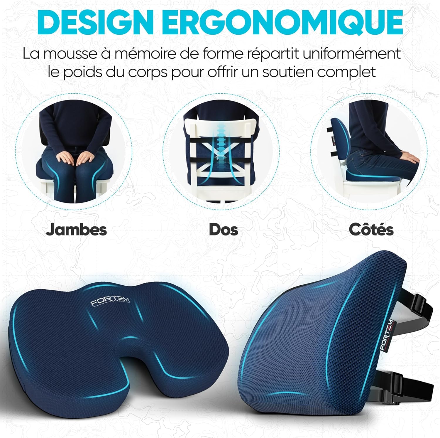 FORTEM - coussin lombaire/mousse mémoire - antidérapant - soutien dos et assise confort