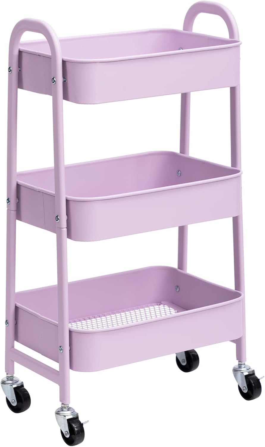 DOEWORKS - Chariot à roulettes 3 niveaux métal - rangement cuisine, chambre et bureau - Violet clair