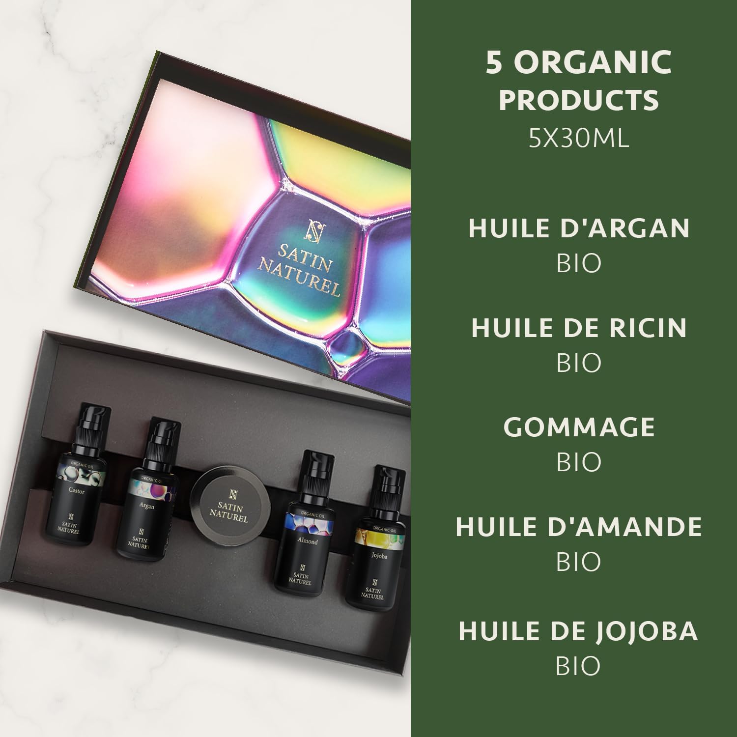 Satin Naturel – Coffret Beauté 5x30ml – Huiles naturelles et gommage corps