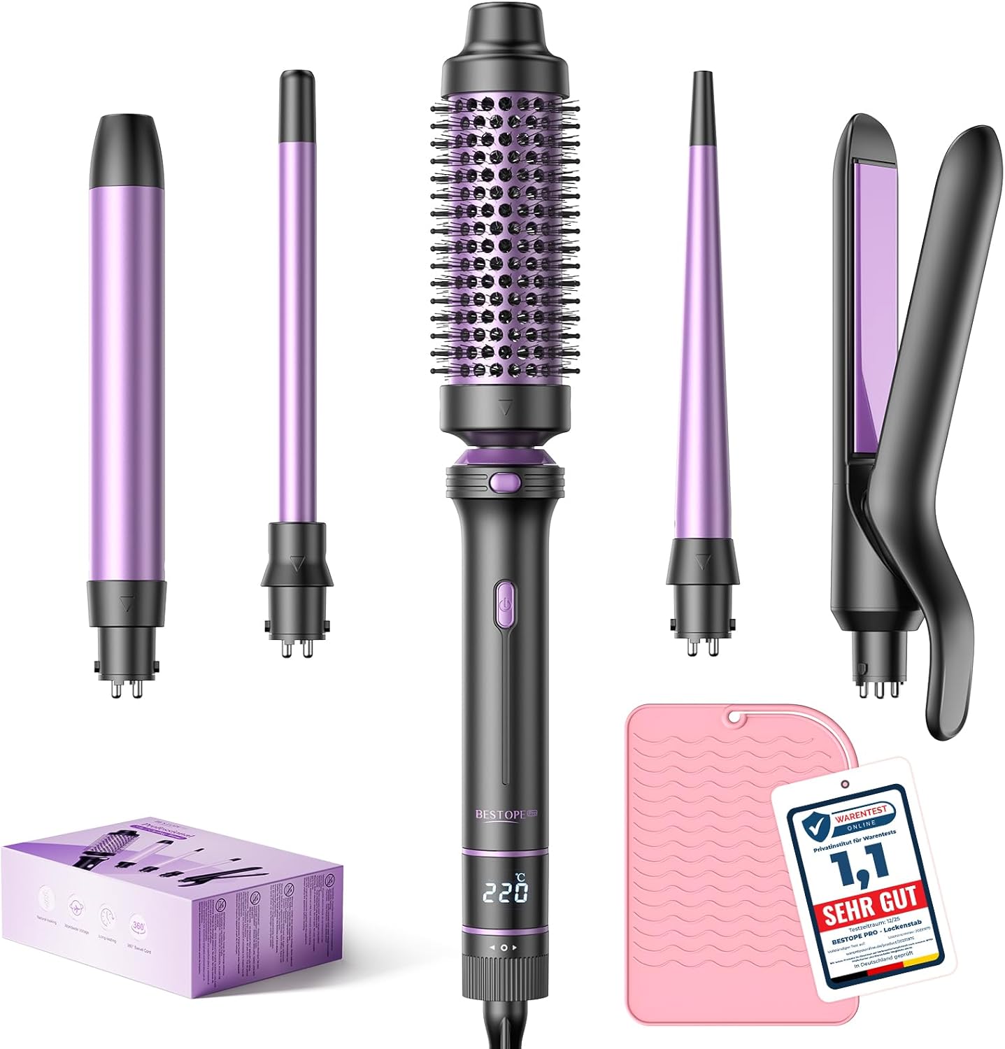 BESTOPE - PRO 5 en 1 - 9 à 25 mm - fer à boucler lisseur brosse, température réglable