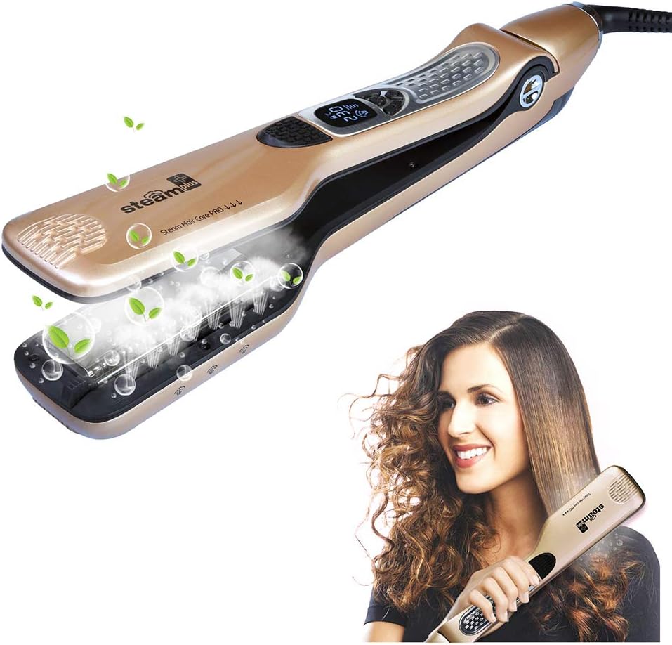 Fer à lisser professionnel - 5 trous vapeur, peigne intégré, anti-brûlure, verrouillage auto, dimensions compactes