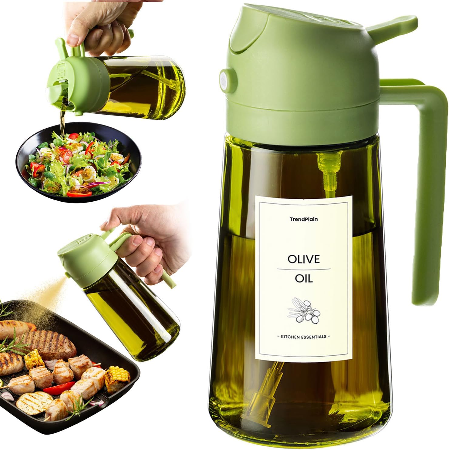 TrendPlain - Spray huile cuisine 470ml - vaporisateur 2-en-1, vert