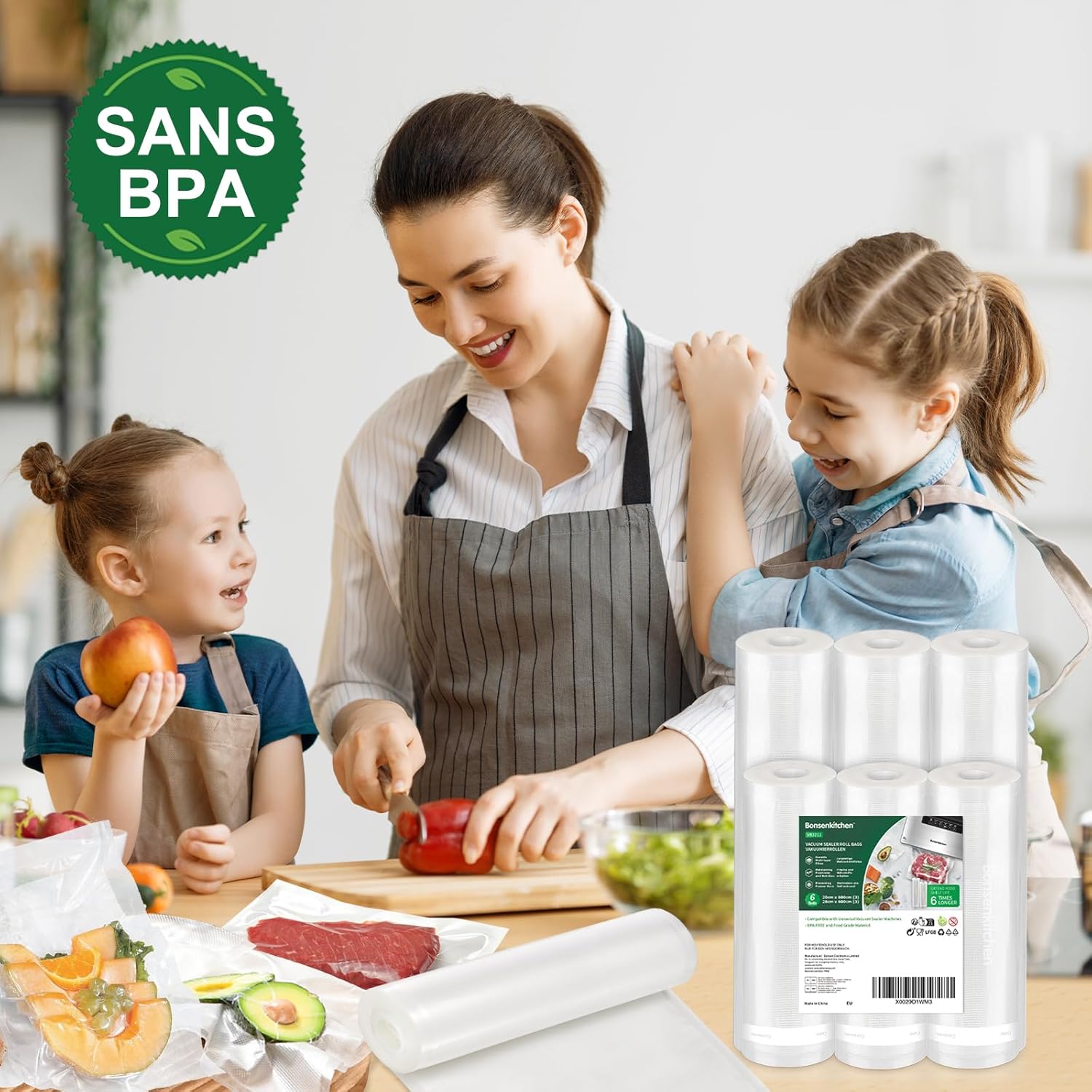 Bonsenkitchen - rouleaux sous vide alimentaire - 28x600cm et 20x600cm - sans BPA, lot de 6 - VB3211