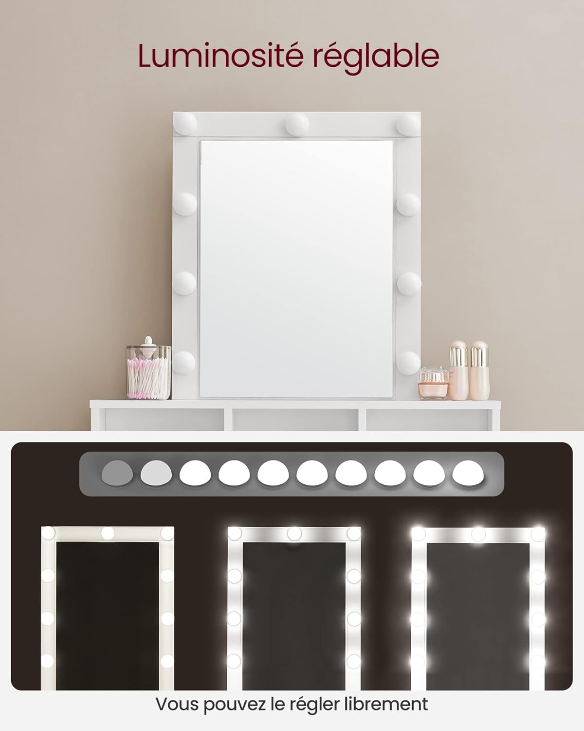VASAGLE - Kailyn Collection - 80 cm - Coiffeuse miroir lumière, tabouret, rangements, RDT714W01