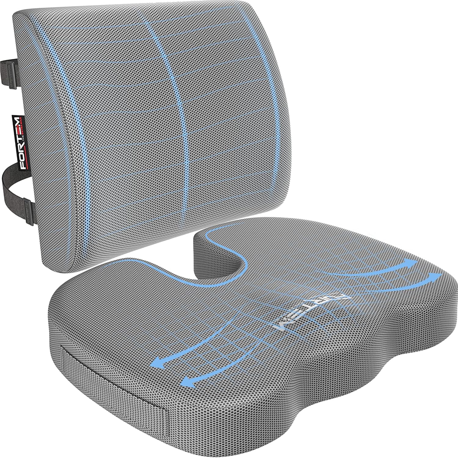 FORTEM – Coussin mémoire forme – soutien lombaire/assise – antidérapant, confort, chaise/auto