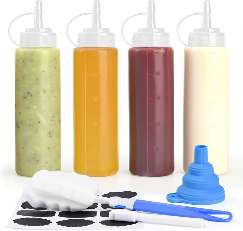 Bouteilles à presser - lot de 4 - 250 ml - plastique alimentaire, multifonction