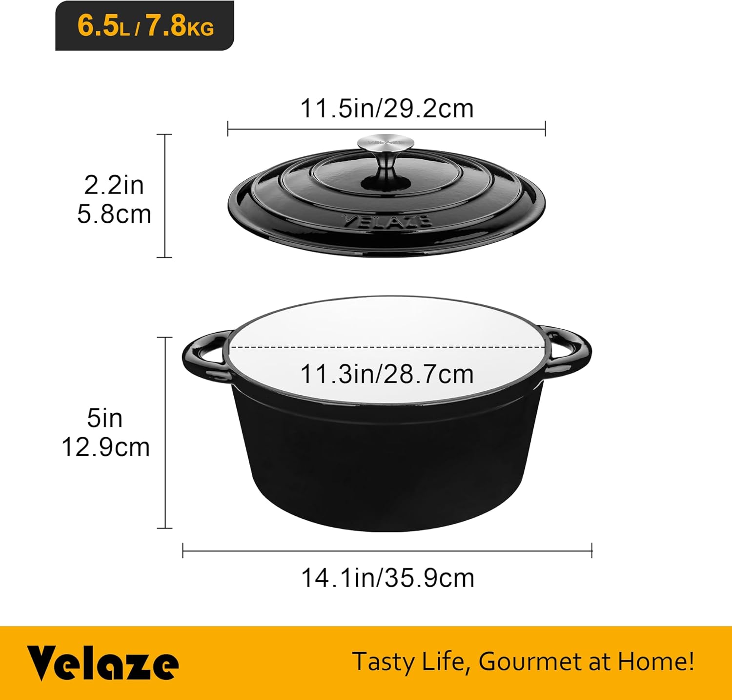 Velaze - Gusseisen Topf 29cm - 6,5L - Emaille, mit Deckel, alle Herdarten