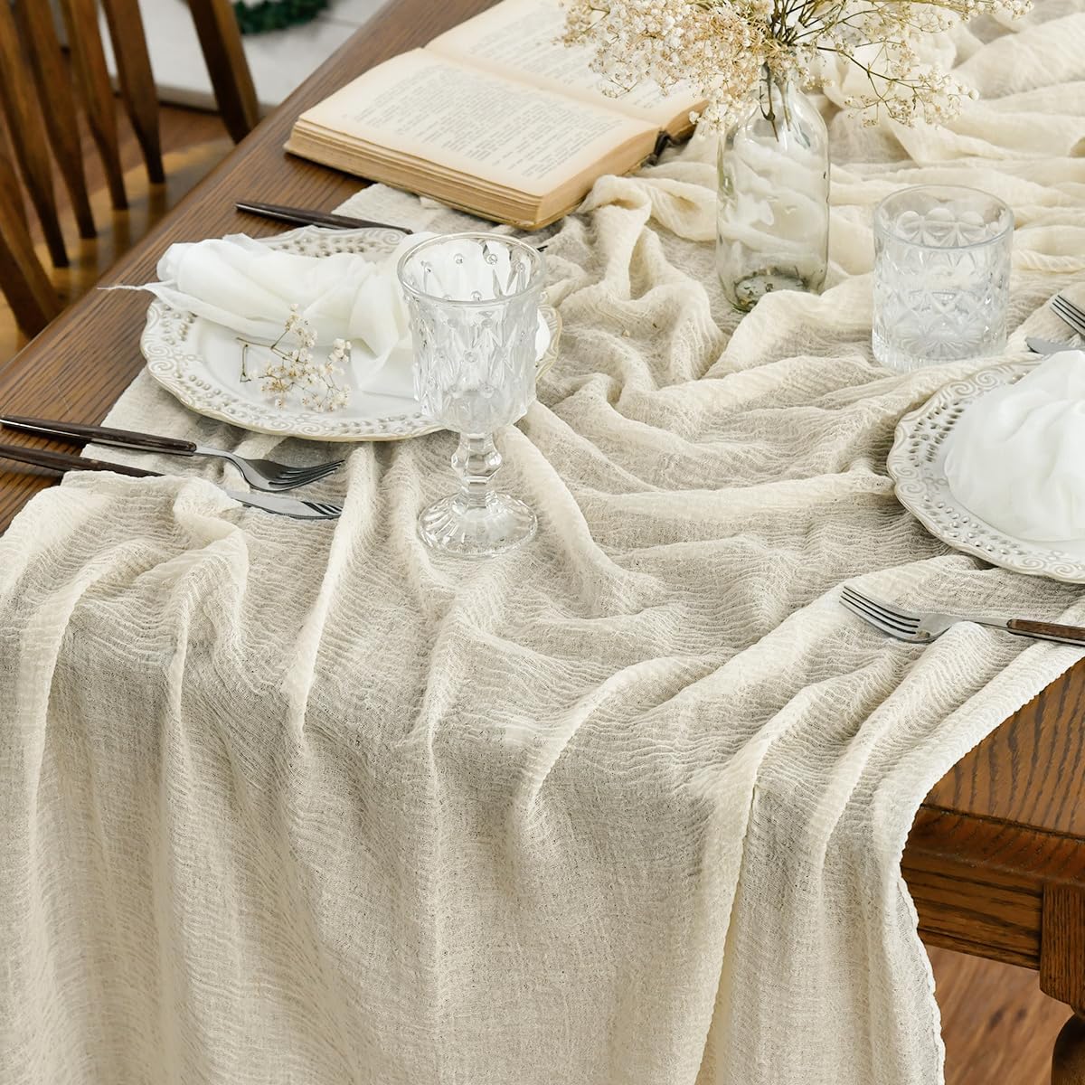 Artoid Mode - Chemin de table Bohême - 300 cm - Gaze mousseline, beige