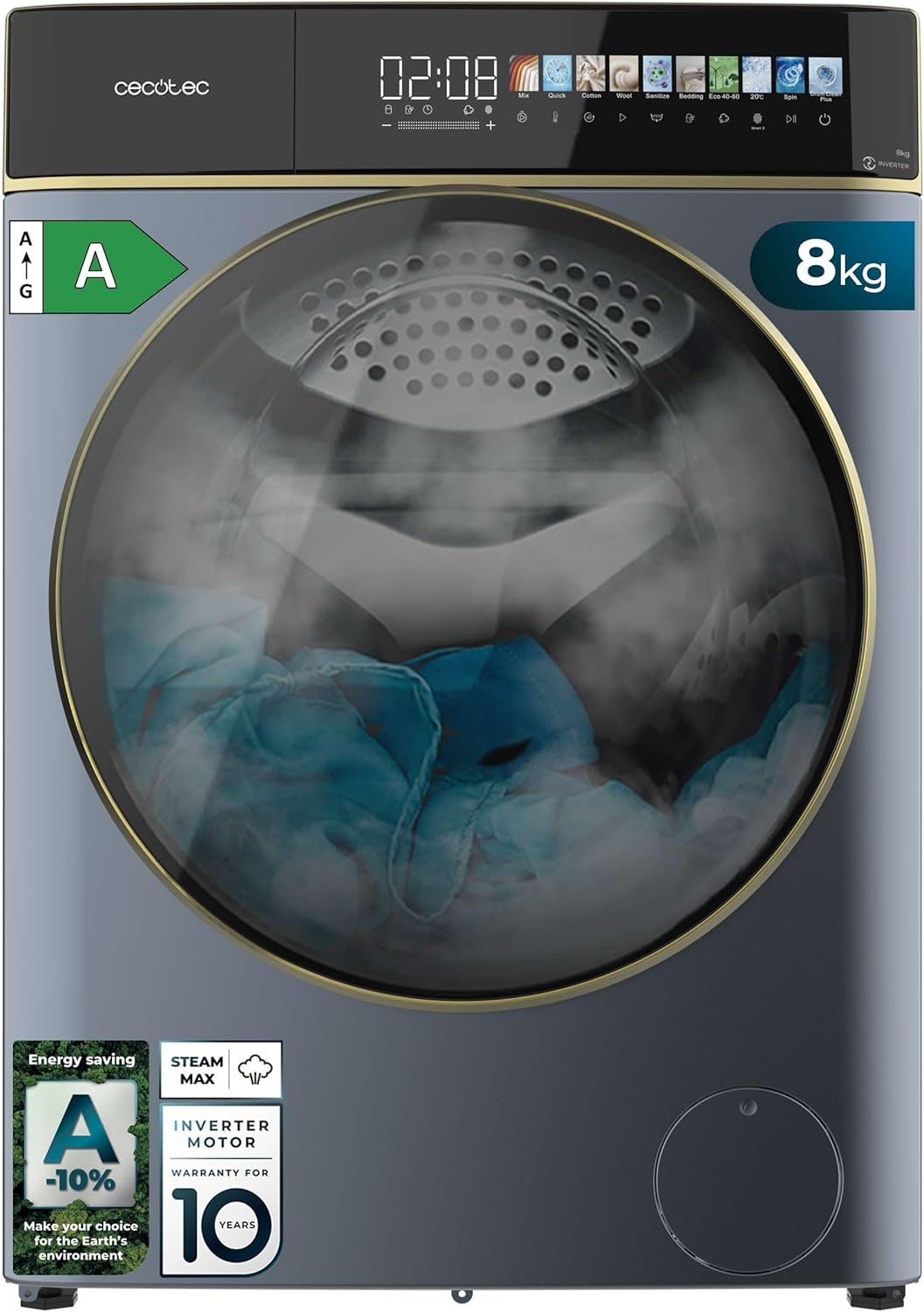 Cecotec - lave-linge 8kg, 1400 tr/min, écran 10,3