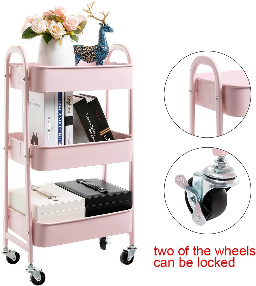 DOEWORKS - chariot 3 niveaux métal, roulettes, rose, rangement compact