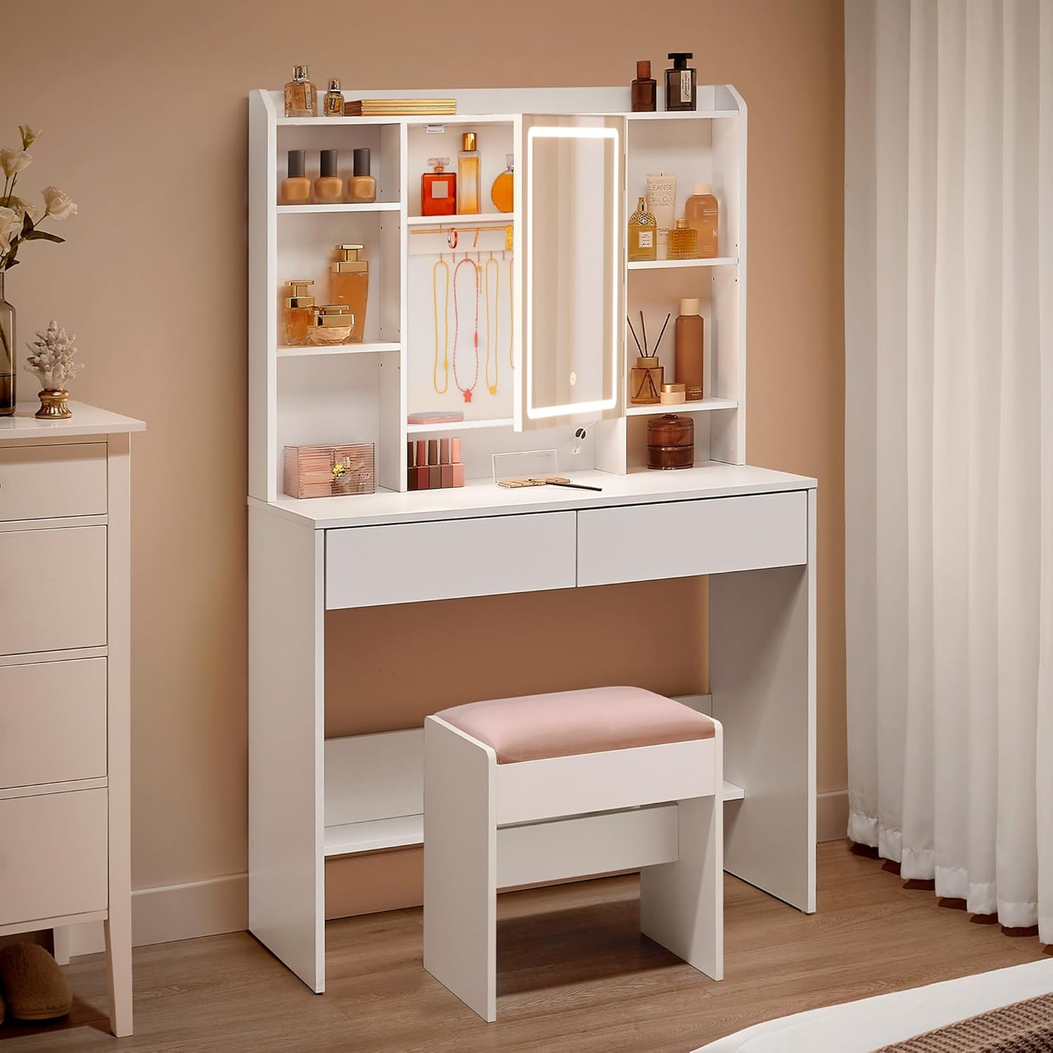 VASAGLE - Kailyn Collection - coiffeuse LED, 3 couleurs, 2 tiroirs, étagère réglable, blanc, RDT723W01