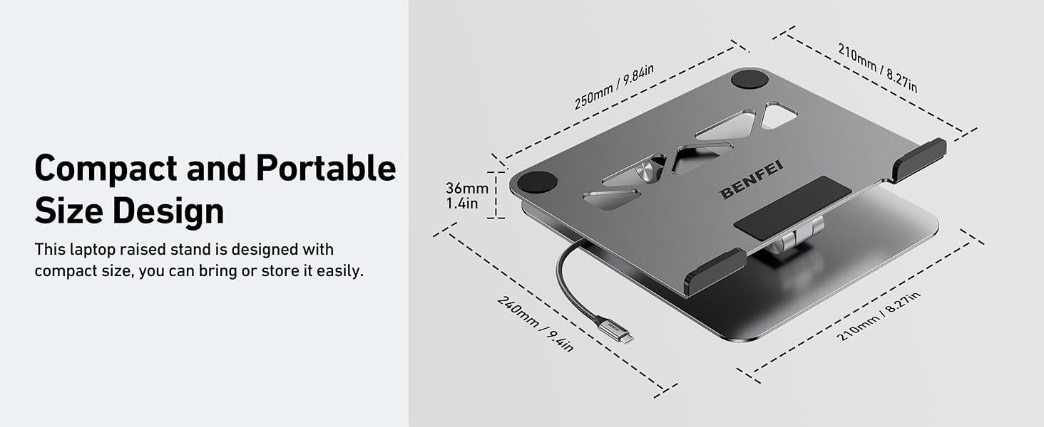 Schéma d'un support pour ordinateur portable compact avec dimensions. Comprend une hauteur réglable, un design pliable et des mesures de largeur, de profondeur et d'épaisseur une fois plié et déplié