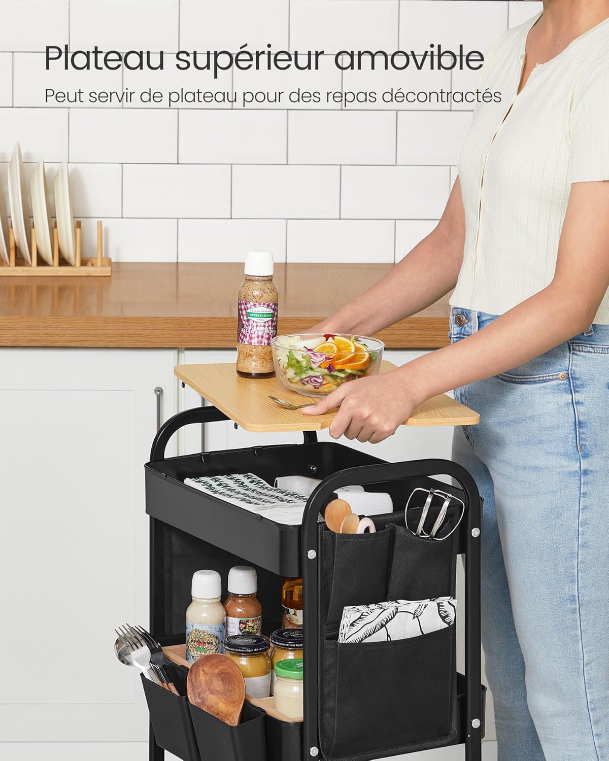 SONGMICS - chariot 3 niveaux avec table, pots et poches, noir - LRC036B01