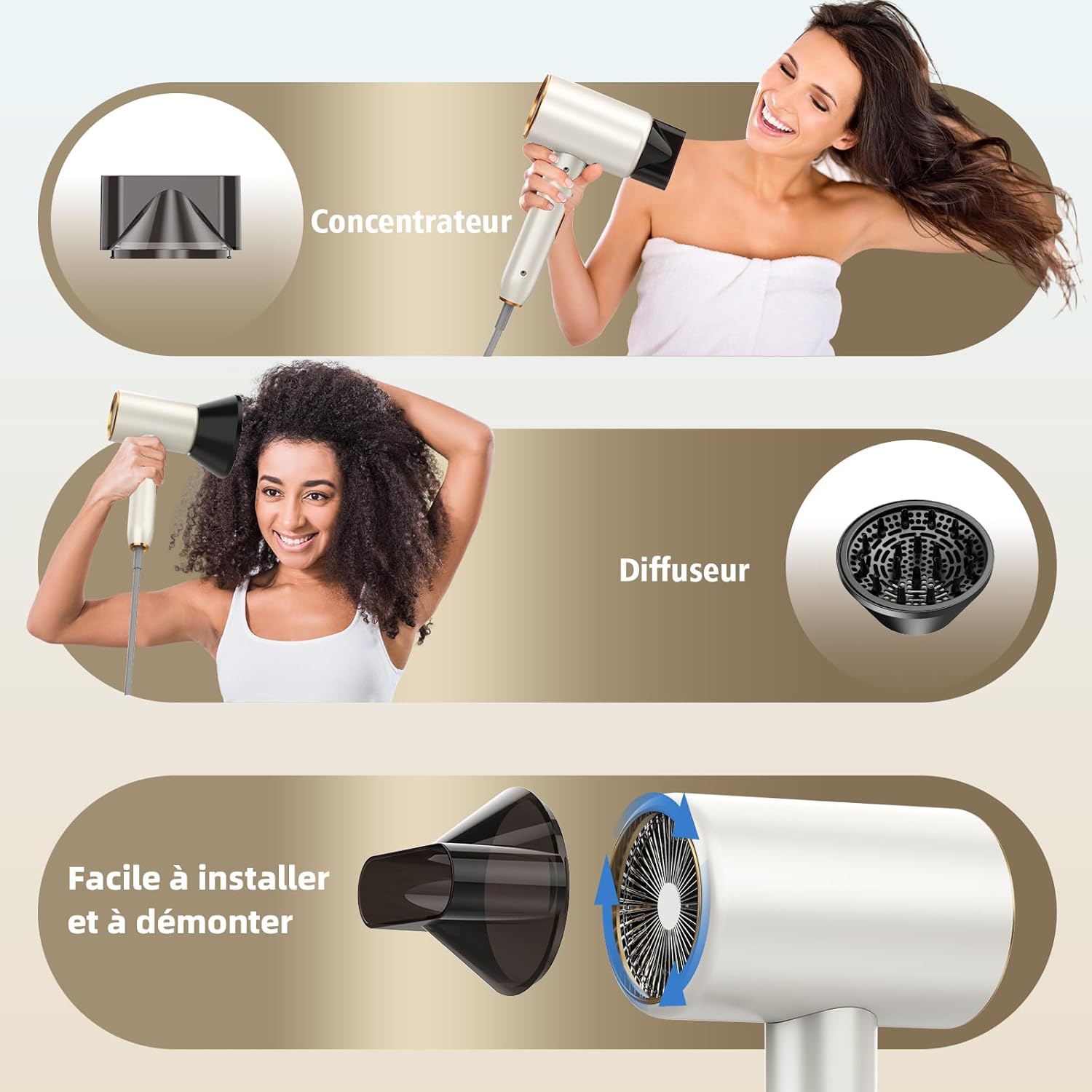 Sèche-cheveux - 2400W ionique léger - 3 températures, 2 vitesses, diffuseur, concentrateur