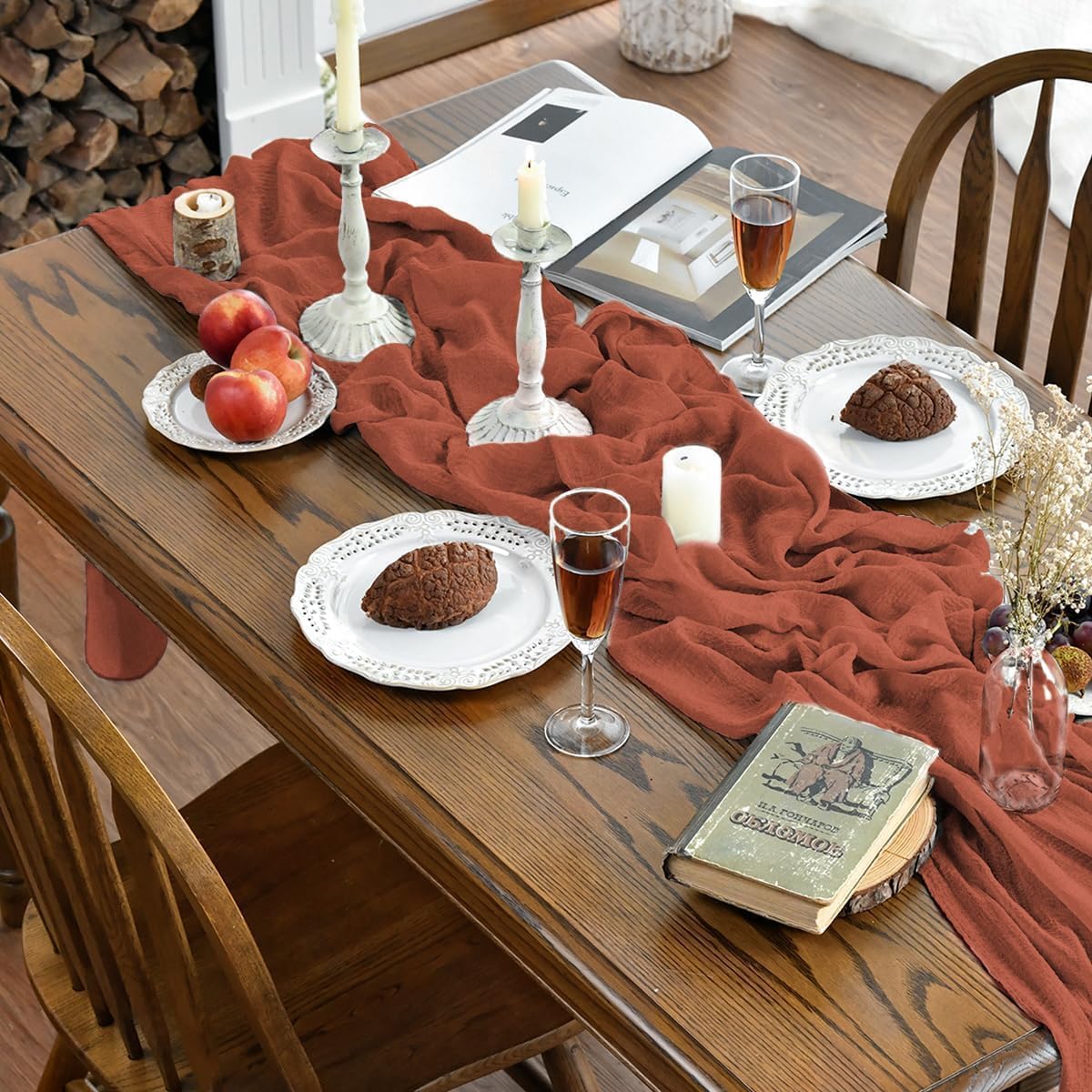 Artoid Mode - Chemin de table Bohême - 300 cm - gaze mousseline, terre cuite