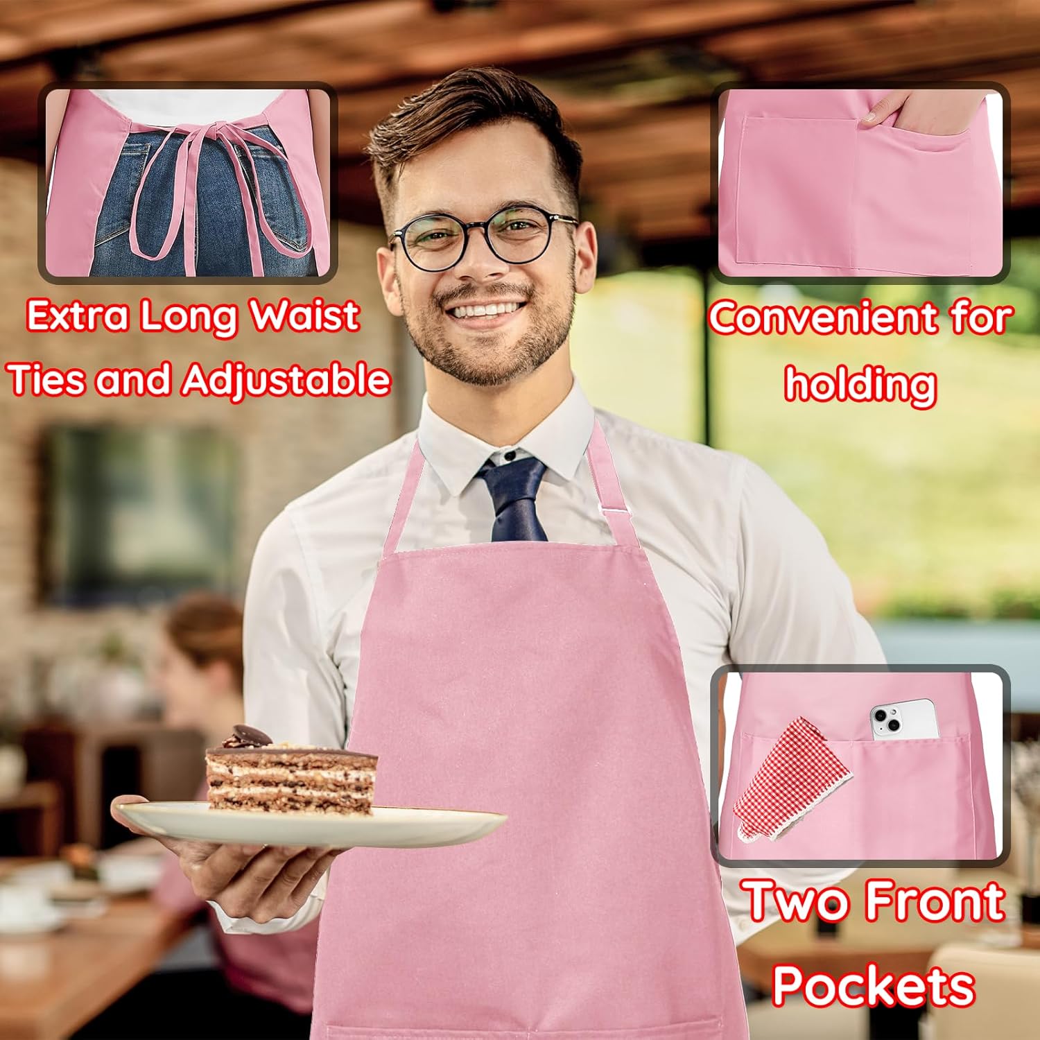 atopo - Tablier chef 4 pack - réglable, étanche, 2 poches - rose
